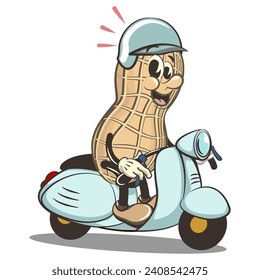 vector vintage illustration of cute peanut mascot character wearing a helmet riding a scooter