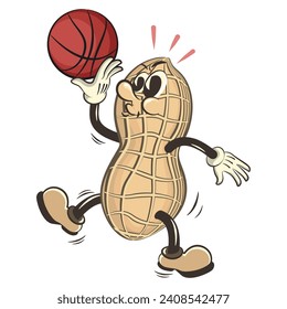 vector vintage illustration of cute peanut mascot character playing basketball