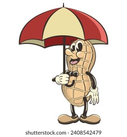 vector vintage illustration of cute peanut mascot character carrying an umbrella