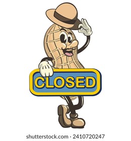 vector vintage illustration of cute peanut mascot character lifting his hat while holding a sign that says closed
