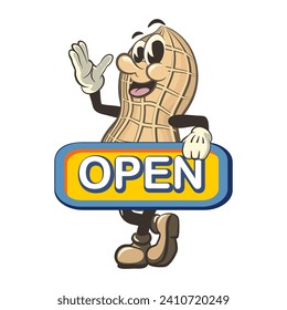 vector vintage illustration of cute peanut character mascot waving while holding a sign that says open