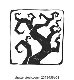 Vector vintage illustration of dead tree in linocut style. Hand drawn Halloween symbol. 