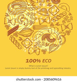 Vector vintage illustration of different types of paste. Hand-drawn banner. Great for menu, banner, flyer, business card, advertisement, there is room for text.