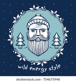 Vector vintage illustration of face of old hipster man in hat with beard and mustache on blue background with snow. Line art style design of lumberjack with fir tree and decorative frame for card, web