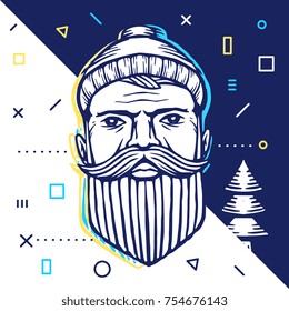 Vector vintage illustration of face of old hipster man in hat with beard and mustache on white and blue background. Line art style design of lumberjack with fir tree and decorative elements for poster