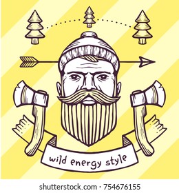 Vector vintage illustration of face of old hipster man in hat with beard and mustache on yellow background. Line art style design of lumberjack with fir tree, ax, arrow, ribbon and text for poster