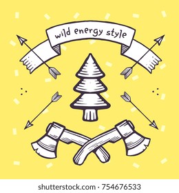 Vector vintage illustration with fir tree, axe, arrow, ribbon and inscription on yellow background. Line art black and white style design of lumberjack set for banner, logo, card, advertising