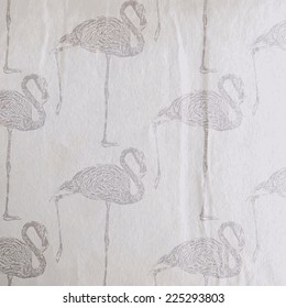 vector vintage illustration of a flamingo pattern on the old wrinkled paper texture
