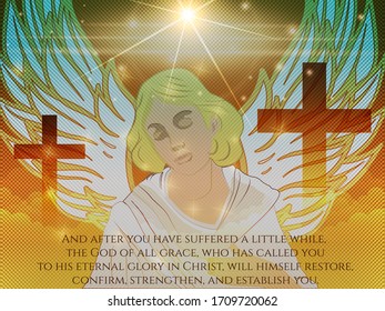 Vector vintage illustration or flyer of angel in white dress with cloud background, bible quote. EPS 10