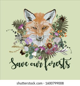 Vector vintage illustration with fox head , flowers, leaves, feathers.