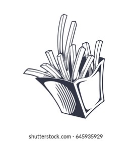 Vector vintage illustration of french fries in paper box. Fast food symbol. Black and white sign in retro style