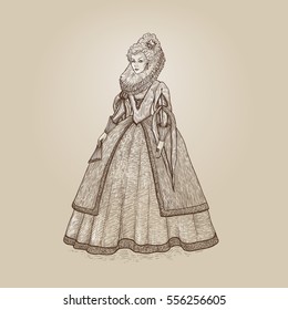 Vector vintage illustration. Gentlewoman Elizabethan epoch 16th century. Medieval lady in a rich dress with large collar.