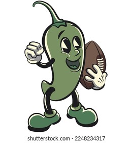 vector vintage illustration of green chili mascot cartoon character playing american football