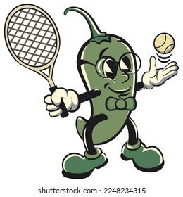 vector vintage illustration of green chilli cartoon mascot character playing tennis