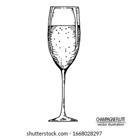 Vector Vintage Illustration With Hand Drawn Champagne Flute.  Elements Isolated On White For Bar Menu.  Black And White.