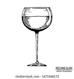 Ilustración vectorial con vidrio de vino tinto a mano.  Elementos aislados en blanco para el menú del bar.  Blanco y negro.