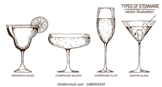 Vector vintage illustration with hand drawn different types of glasses: cocktail glass, champagne glass.  Design for bar menu.  Brown and white.