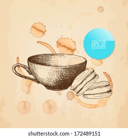 Vector vintage illustration with hand drawn cup and candies on background with natural coffee spots. 