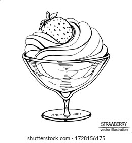 Vector vintage illustration with hand drawn ice cream with strawberries.  Elements isolated on white for cafe menu.