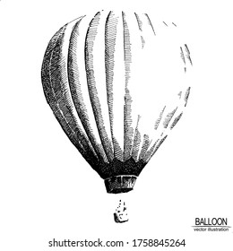 Vector vintage illustration with hand drawn air balloon. Elements isolated on white background. 