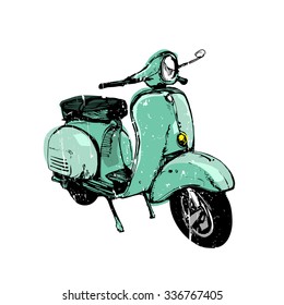 Vector vintage illustration, hand graphics - Old blue scooter