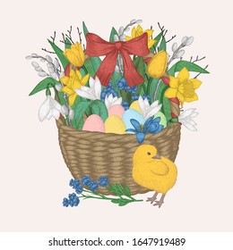 Vector vintage illustration with holiday basket, flowers, eggs and chicken. Easter theme illustration. Excellent for the design of postcards, posters, stickers and so on.
