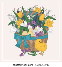 Vector vintage illustration with holiday basket, flowers, eggs and chicken. Easter theme illustration. Excellent for the design of postcards, posters, stickers and so on.
