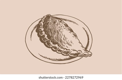 Vector vintage illustration of Italian calzone on a plate, food element for design