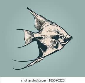 Vector vintage illustration of little fish over blue background