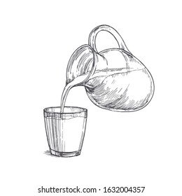 Vector Vintage Illustration With Milk Pouring From A Jar In Glass In Engraving Style. Hand Drawn Sketch With Drink Isolated On White.