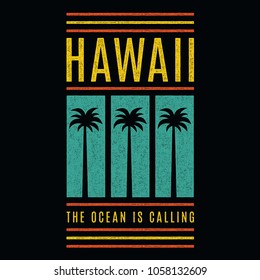 Vector Vintage Illustration On The Theme Of Hawaii. The Ocean Is Calling. Stylized Retro Colorful Typography, Banner, Flyer, Postcard, T-shirt Graphics, Poster, Print.