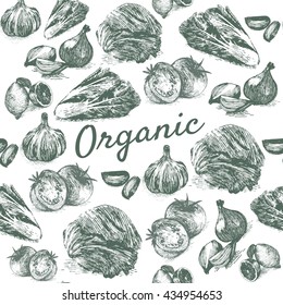 Vector vintage illustration of organic farm products in seamless background. Hand drawn monochrome illustration vegetables on white background