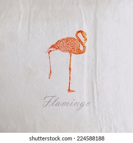 vector vintage illustration of a pink flamingo on the old wrinkled paper texture
