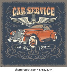 Vector vintage illustration, poster with of red retro car in engraving style. Template, design element for advertising retro car service center, spare parts shop and repair shop