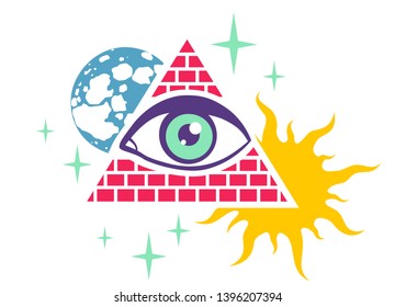 Vector vintage illustration of a pyramid with the eye, the moon, sun and stars. Retro poster with pyramid and eye