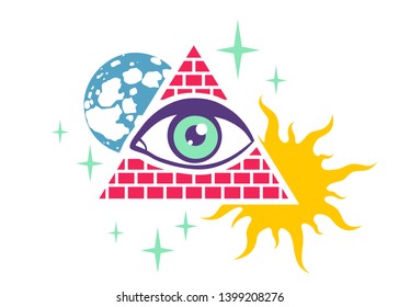 Vector vintage illustration of a pyramid with the eye, the moon, sun and stars. Retro poster with pyramid and eye