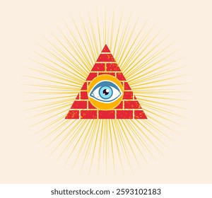 Vector vintage illustration of a pyramid with eye. Pyramid with eye on white background.