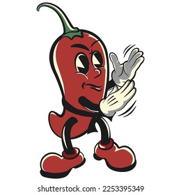 vector vintage illustration of red chili mascot cartoon character practicing karate martial art