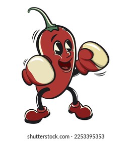vector vintage illustration of a red chili mascot cartoon character practicing boxing with boxing gloves
