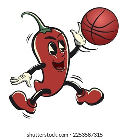 vector vintage illustration of a red chili mascot cartoon character jumping with a basketball