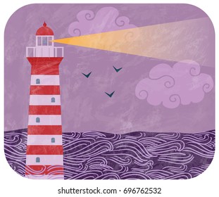 Vector vintage illustration with red and white lighthouse in the ocean in evening, with  waves, birds and clouds