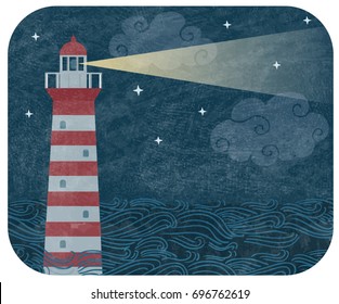 Vector vintage illustration with red and white lighthouse in the ocean in the night, with  waves, stars and clouds