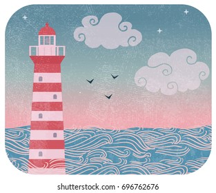 Vector vintage illustration with red and white lighthouse in the ocean in the morning, with  waves, birds and clouds