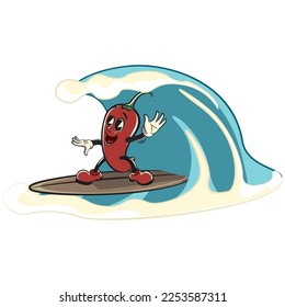 vector vintage illustration of surfing red chili mascot cartoon character