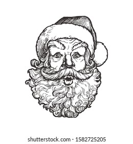 Vector vintage illustration of surprised Santa Claus. Funny Christmas character isolated on white in engraving style. Happy New Year sketch.