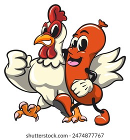 vector vintage illustration of two friendly mascot characters cute chicken and sausage walking together holding each other's shoulders, hand drawn work