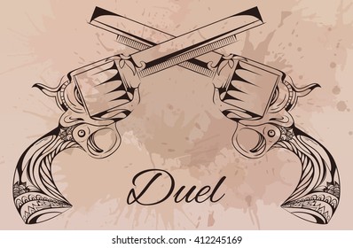 Vector vintage illustration of two revolvers. Duel. Design tattoos, postcards. 