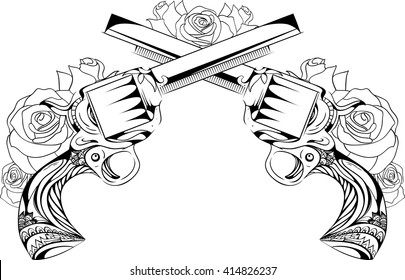 Vector vintage illustration of two revolvers with roses. Duel. Design tattoos, postcards. 
