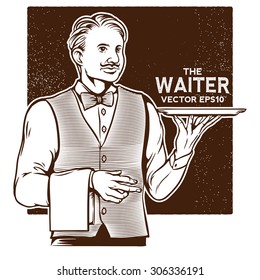 vector vintage illustration of waiter bring the serving tray