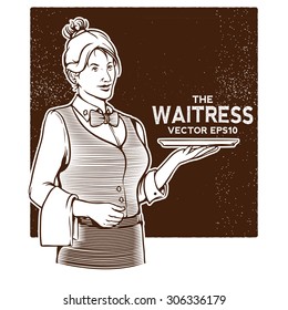 vector vintage illustration of waitress bring the serving tray